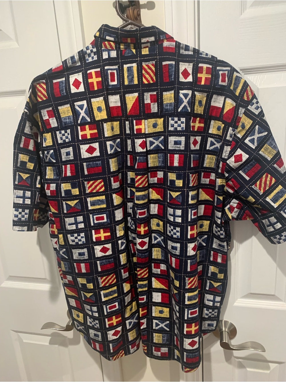 Nautica Short Sleeve Button-Down Shirt in Navy with Red & Gold Flag Print - Picture 5 of 5